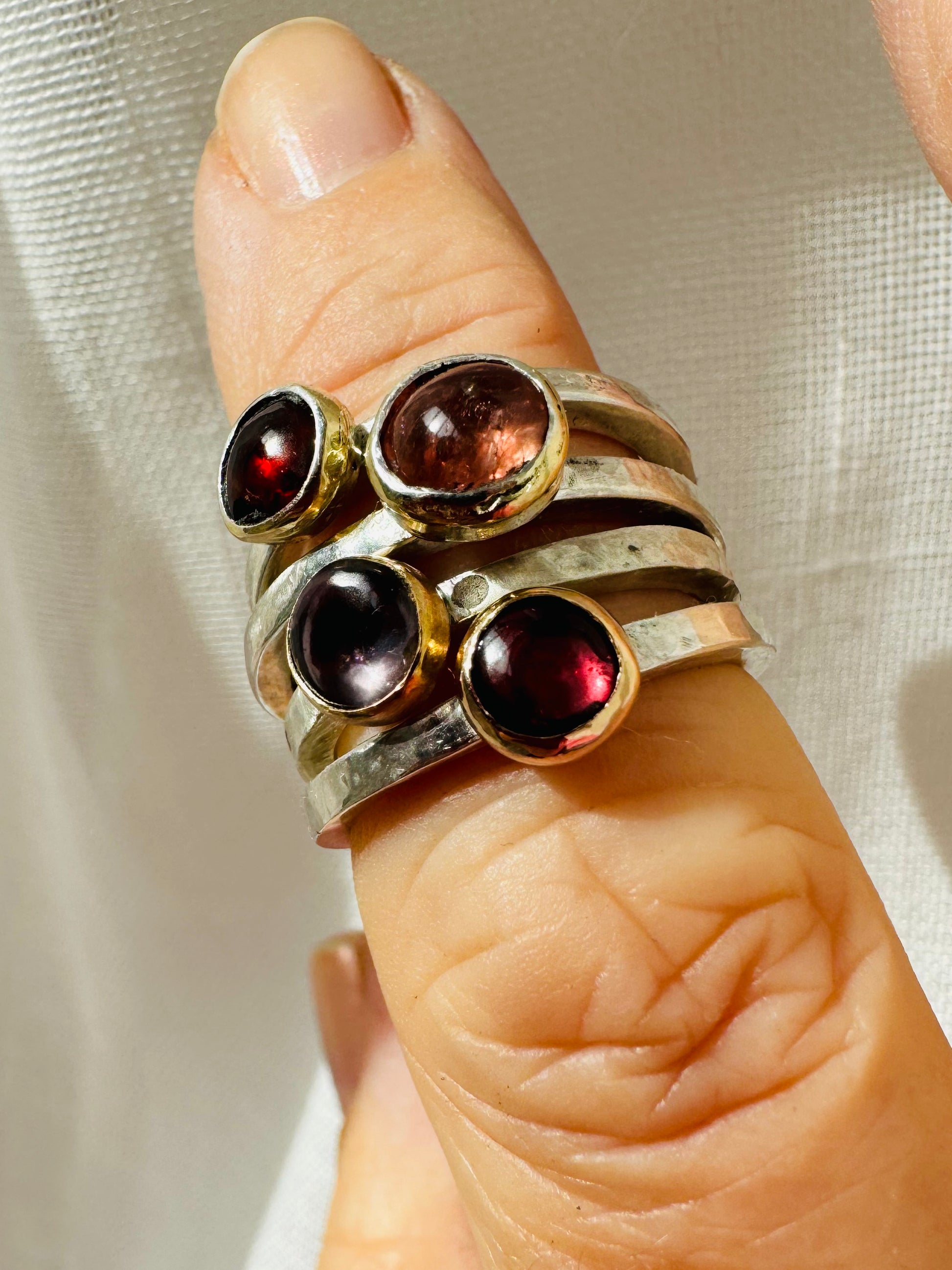 Spinel Stacking Ring, colorful cabochon gemstones set in mixed Silver and 14k Gold