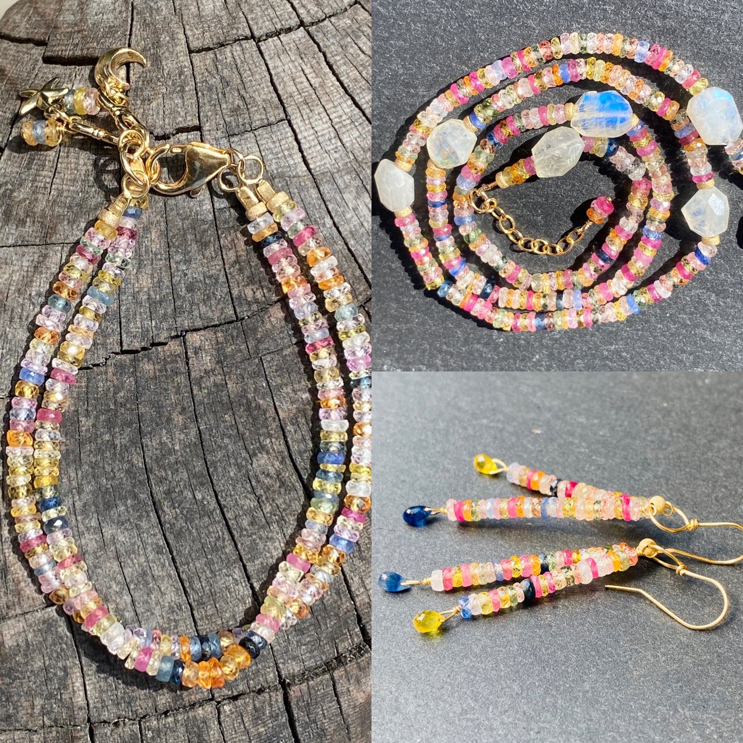 Natural Rainbow Sapphire 'Double String' Dangle Earrings