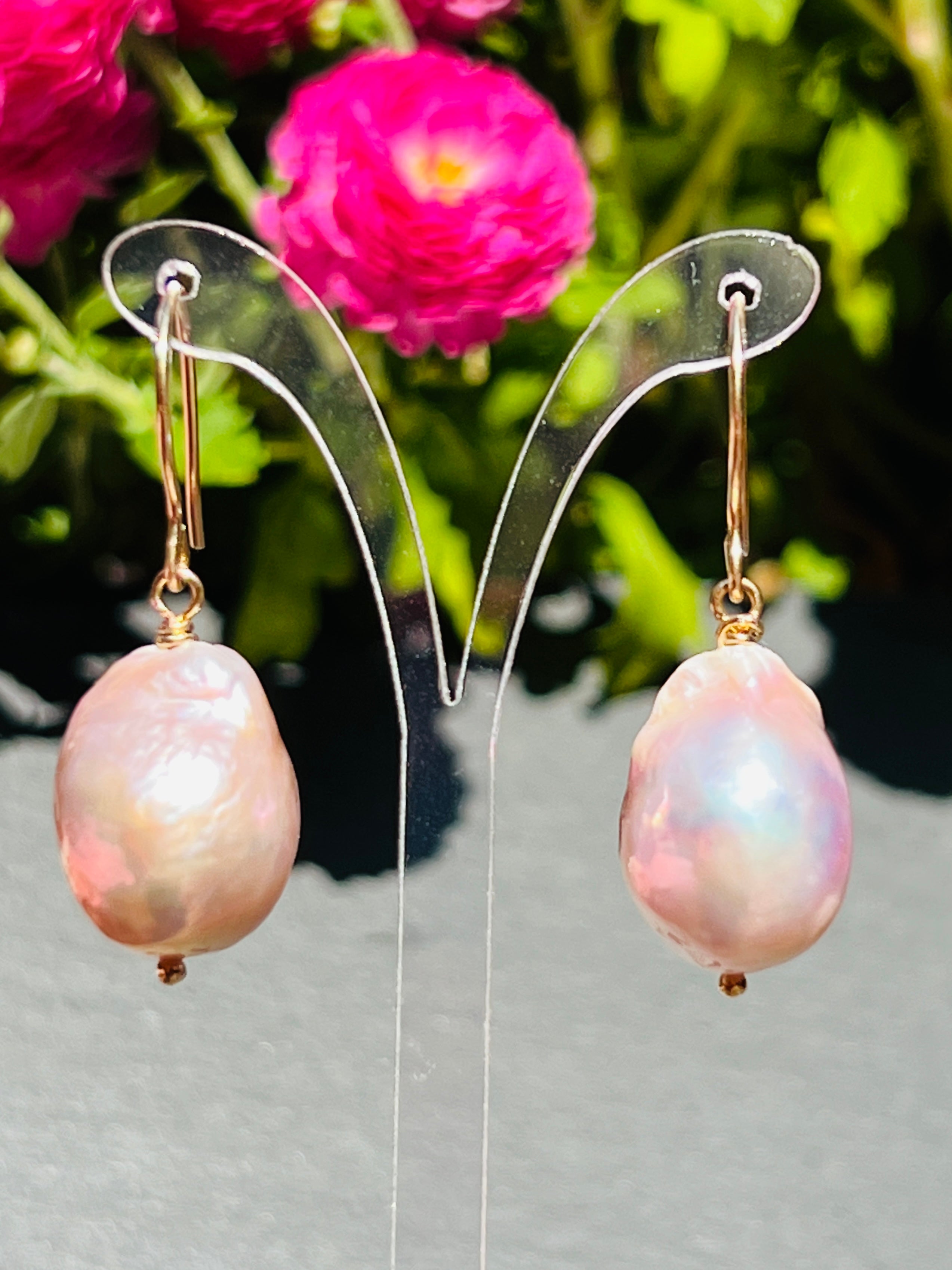 Pink baroque pearl deals earrings