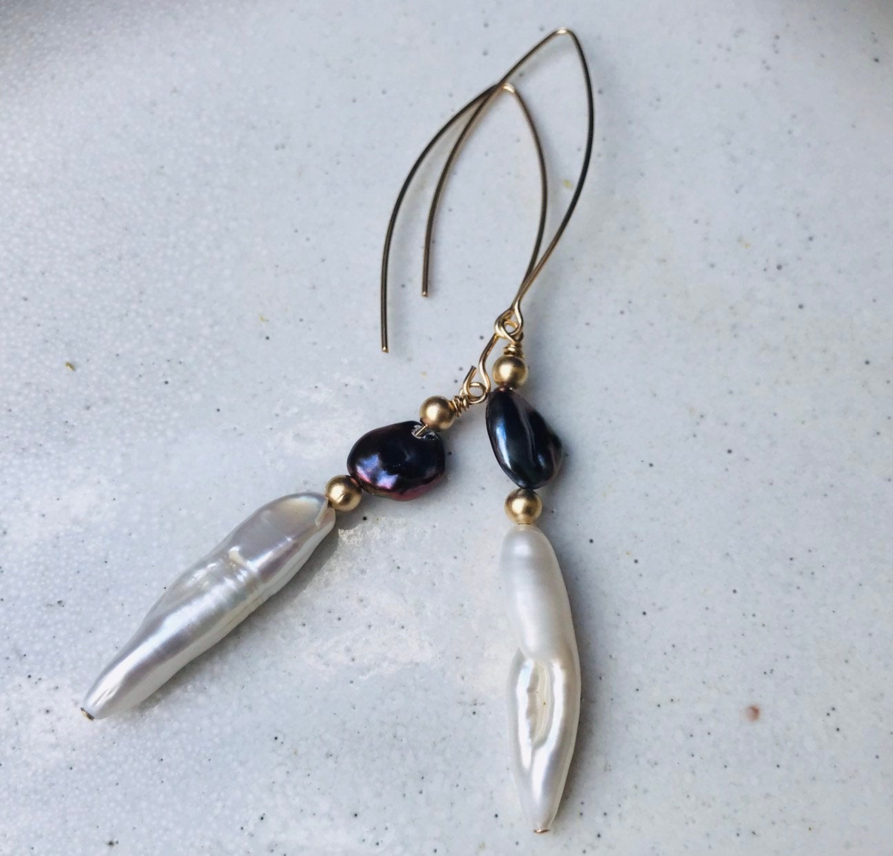 Minimalist White Biwa & Black Keshi Pearl Earrings